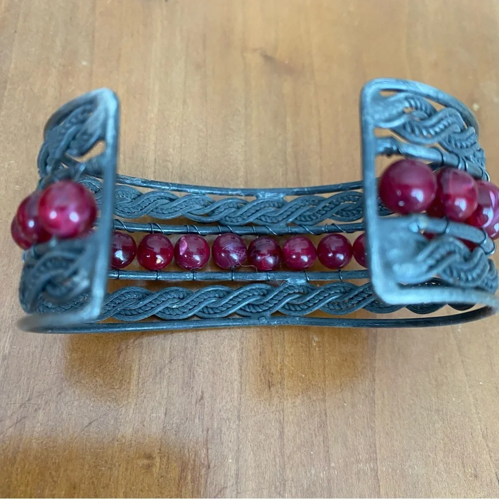 Silver Colored and Red Beaded Adjustable intricate Cuff Bracelet
